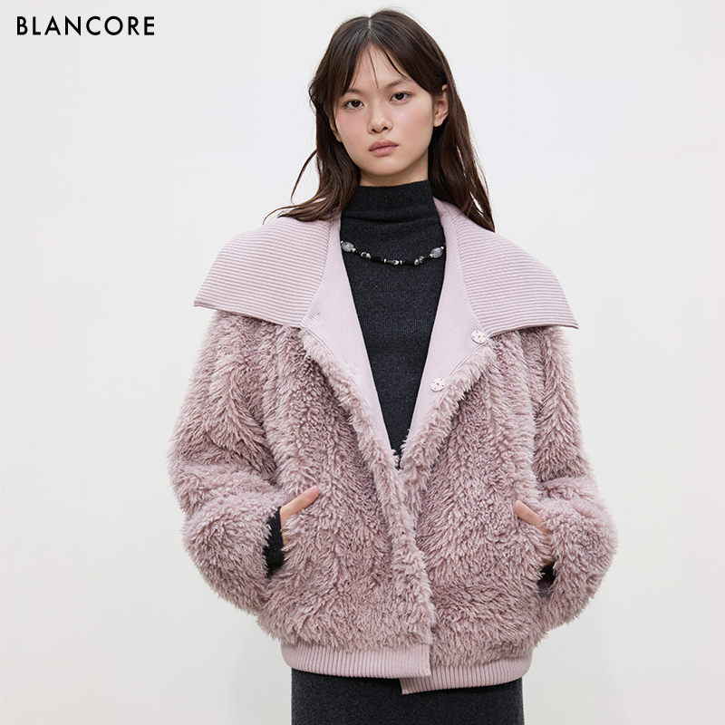 BLANCORE螺纹翻领慵懒皮草外套