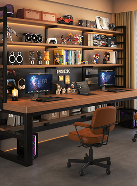 台式洞洞板电脑桌双人写字桌办公桌学生学习家用书桌书架一体桌子