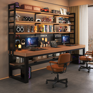 洞洞板电脑桌双人写字桌办公桌学生学习家用书桌书架一体桌子 台式