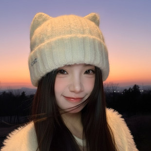 猫耳朵针织帽女秋冬季 大头围可爱保暖防寒毛线帽包头显脸小护耳帽