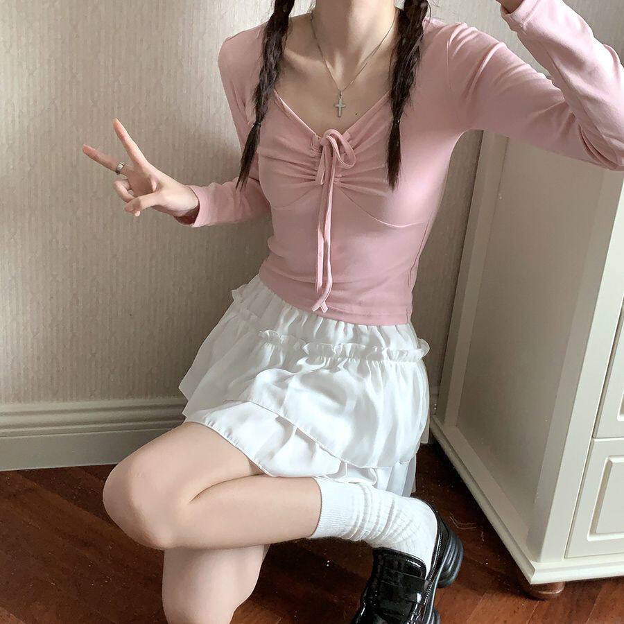 设计褶皱系带v领长袖T恤打底秋冬新款纯欲辣妹修身显瘦短款上衣