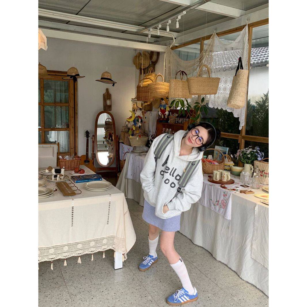美式复古重磅宽松oversize小众设计白灰色卫衣女秋冬连帽情侣外套