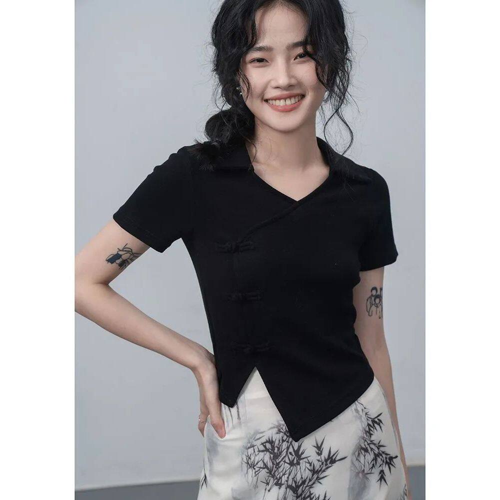 新中式国风t恤短袖夏季黑色设计感小众正肩V领短款上衣女
