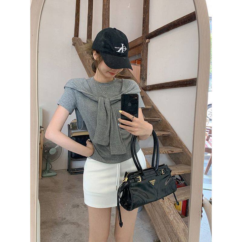 设计感小众披肩假两件T恤女