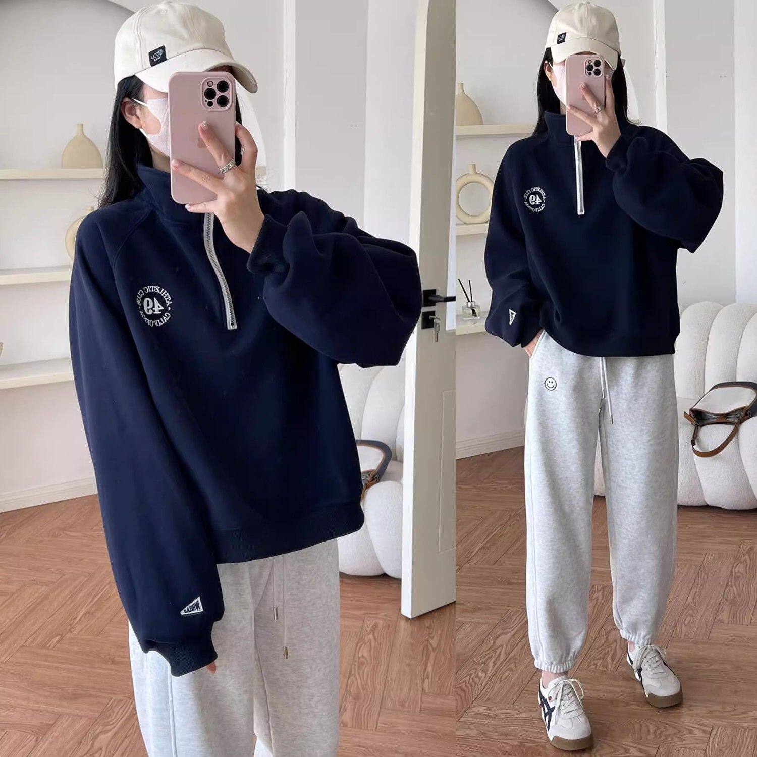 高档重工刺绣减龄立领拉链套头长袖宽松加绒加厚卫衣女外套上衣棉