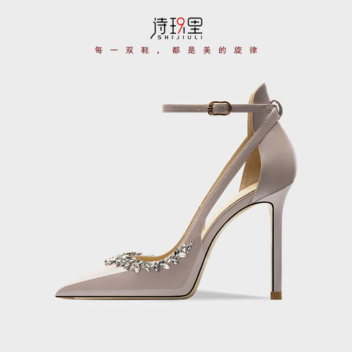 诗玖里细跟水钻羊皮尖头凉鞋