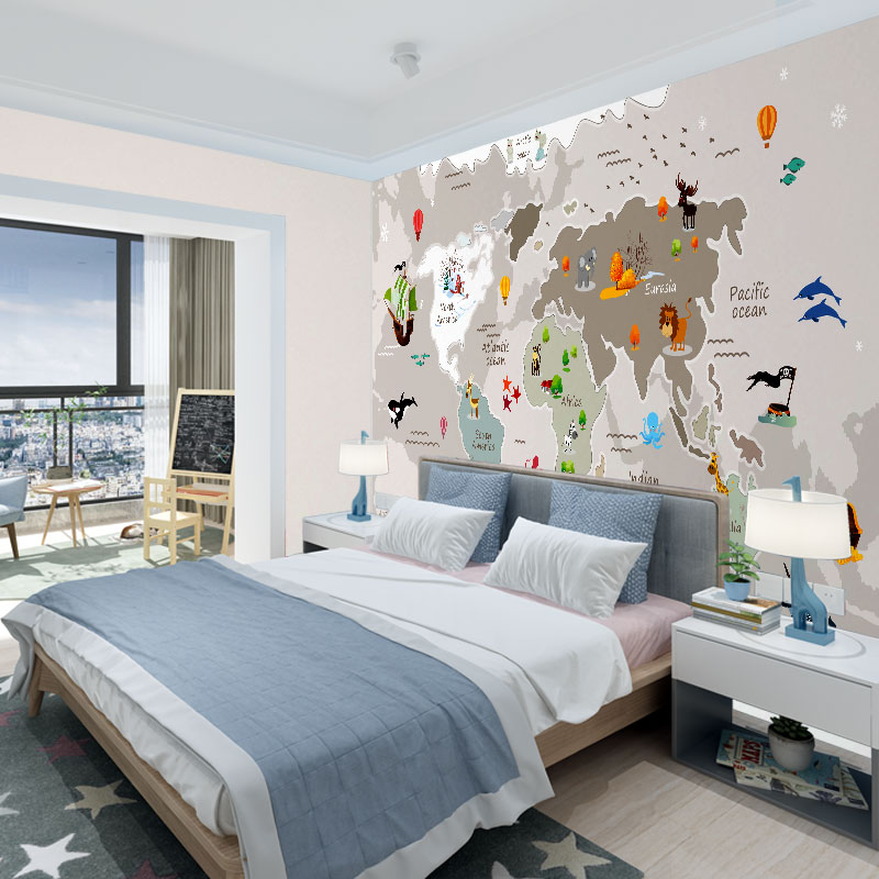 墙纸定制3d立体卡通地图儿童房壁布背景墙壁纸男女孩卧室墙布壁画