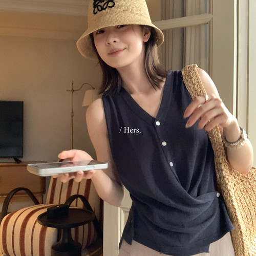 夏上新韩标气质日常小设计感交叉侧纽扣V领背心