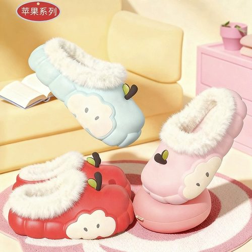 秋冬季新款可爱苹果防水棉拖鞋女居家室内防滑毛绒保暖棉鞋女