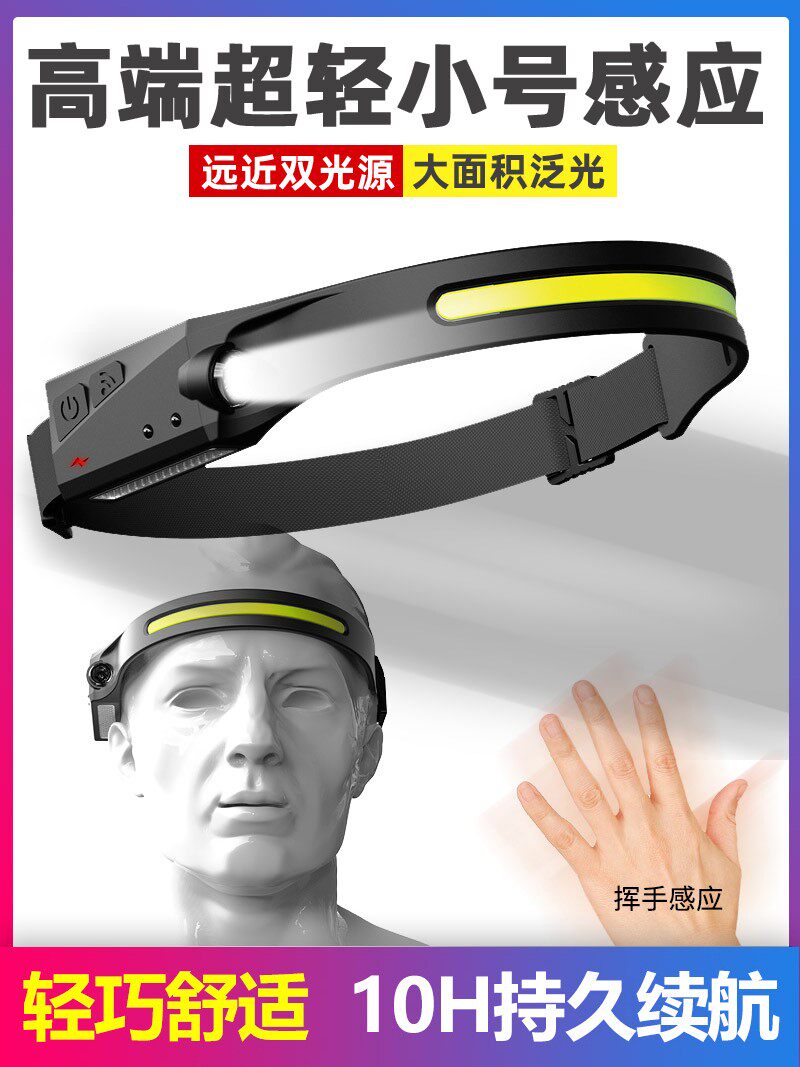 户外头灯强光充电超亮头戴式电筒夜钓鱼专用感应COB泛光led照明灯