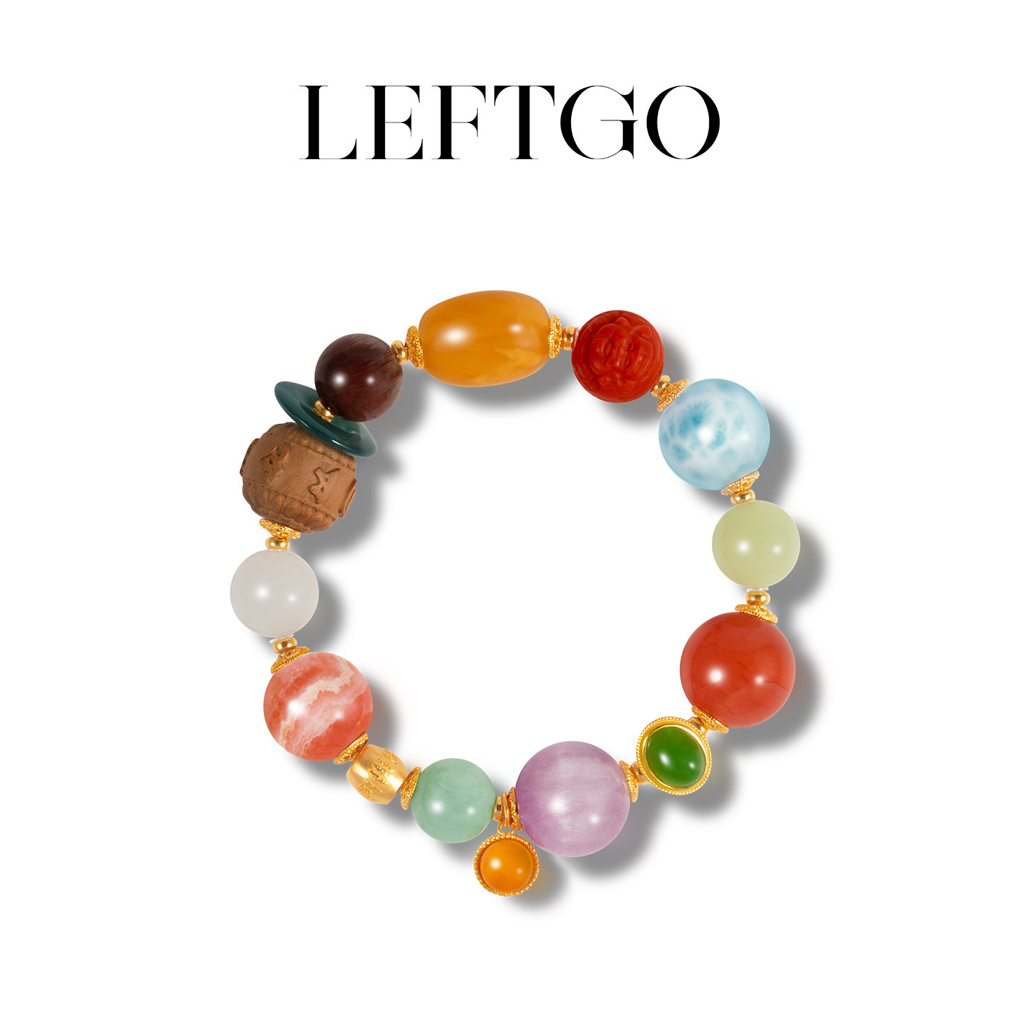 LEFTGO左戈天然老蜜蜡翡翠南红和田玉手串女款S925银镀金多宝手链