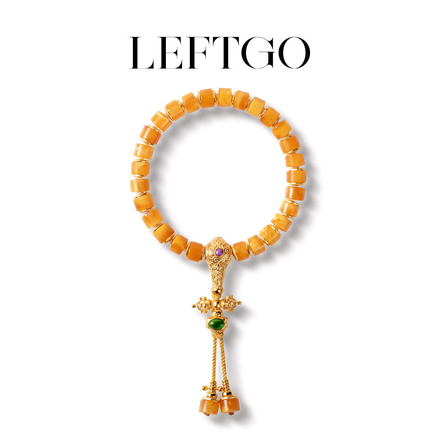 LEFTGO左戈天然老蜜蜡直切珠手串舒俱来翡翠镶嵌S925银镀金手链