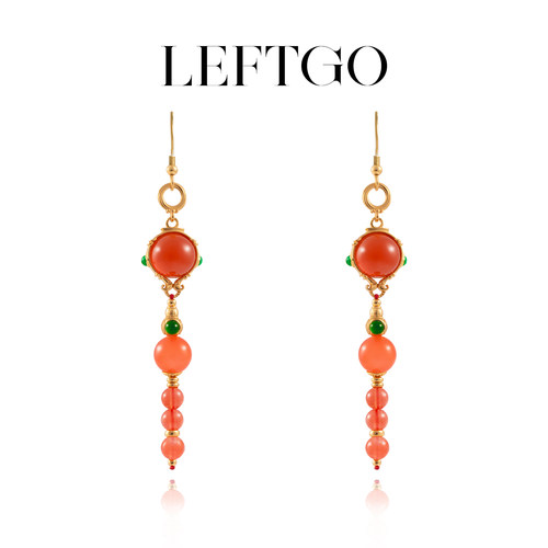 天然南红玛瑙冰红耳坠镶嵌银镀金