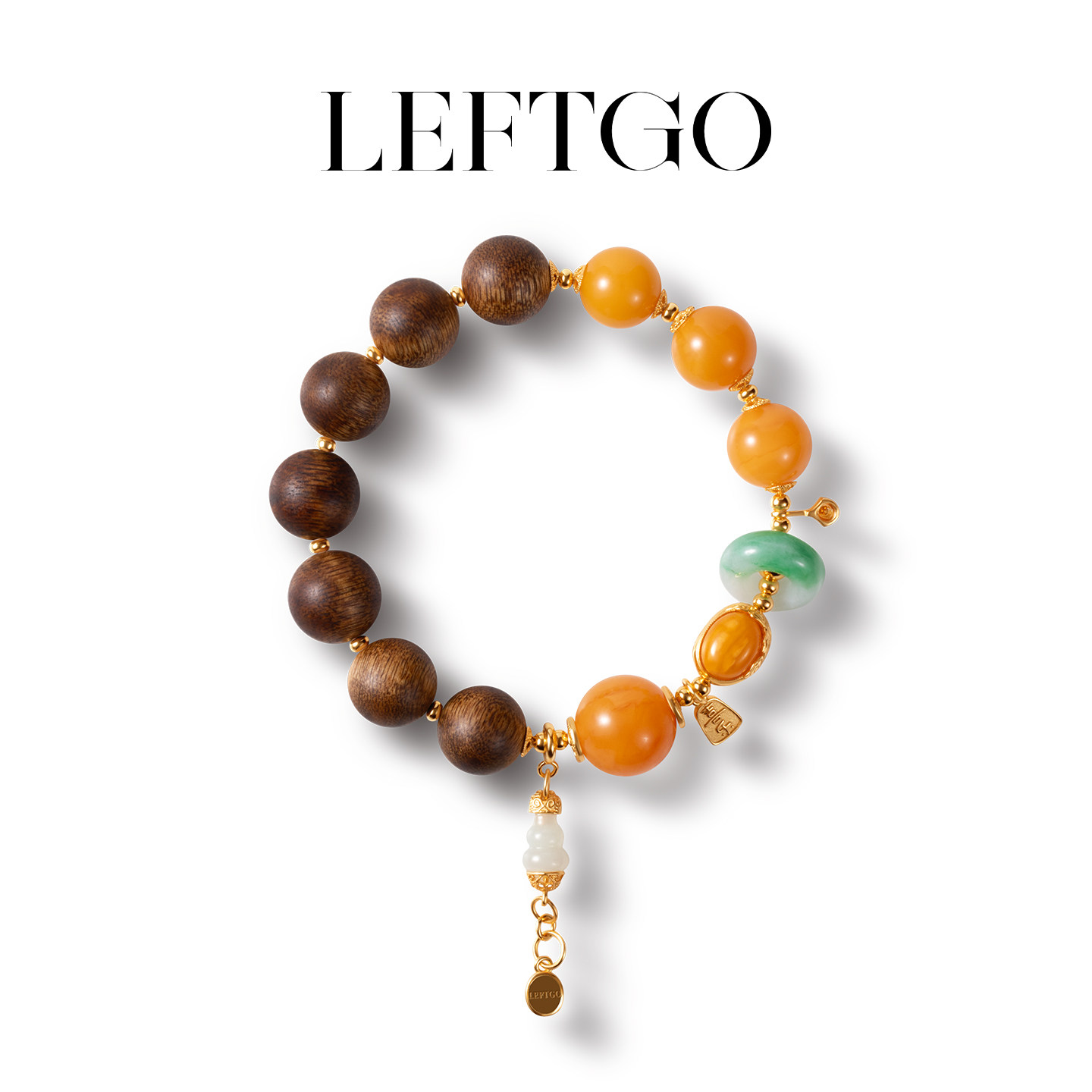 LEFTGO左戈天然老蜜蜡沉香翡翠圆珠手链女S925银镀18K金手串