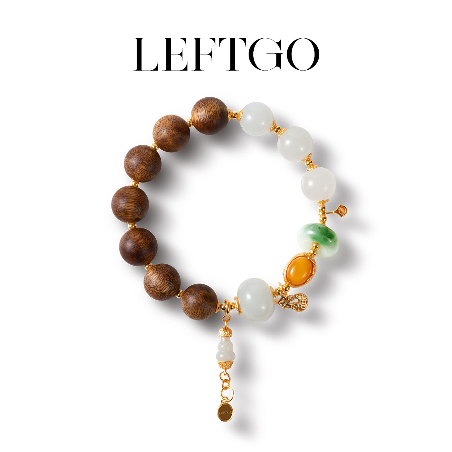 LEFTGO左戈天然沉香老蜜蜡白玉翡翠圆珠手链女S925银镀18K金手串