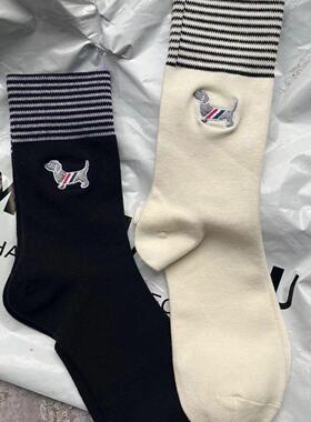 早秋袜子女条纹刺绣情侣黑白可爱小狗袜ins英伦中筒高颜值爆款潮