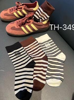 秋冬袜子堆堆条纹百搭ins棉袜中筒透气防臭高腰饰品袜洋气学院潮
