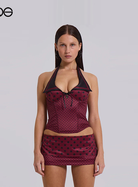 【ENG】JADED LONDON 性感辣妹波点缎面翻领挂脖紧身上衣女装