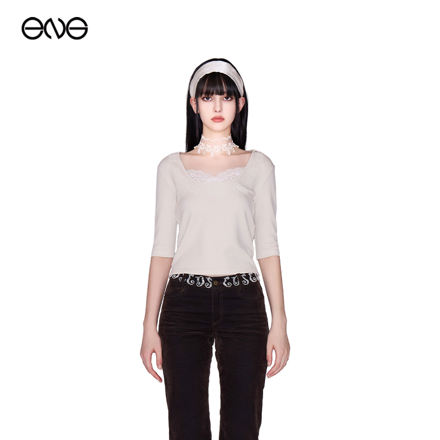 【ENG】Effet de Soleil蕾丝拼接烫钻T恤中袖上衣女装新品26秋