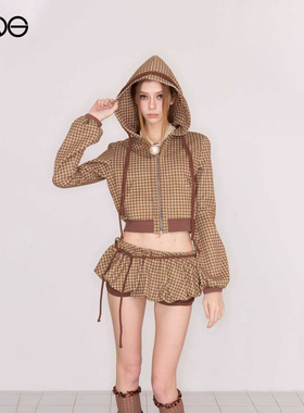 【ENG】Effet de Soleil复古格纹连帽上衣女短款拉链外套新品26春