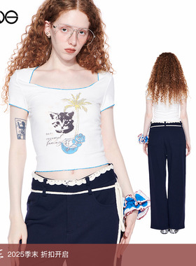 【卢昱晓明星同款】Effet de Soleil圆领正肩短袖T恤女装修身上衣