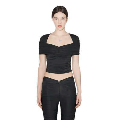 DRAPED黑色短袖T恤女