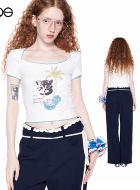 【卢昱晓明星同款】Effet de Soleil圆领正肩短袖T恤女装修身上衣