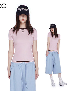 【ENG】Sparkling Lot Soft pink撞色圆领短袖T恤上衣女 新品25秋