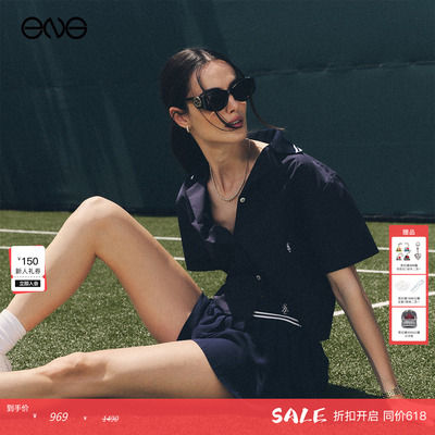 【ENG】Sporty & Rich SRC女士学院风海军蓝短袖衬衫上衣女装