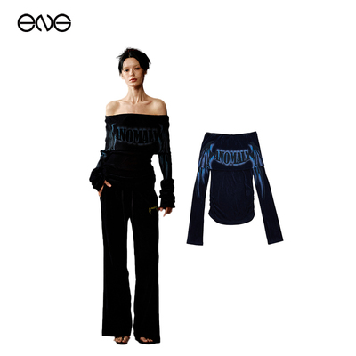 【ENG】Anomalies Department 网纱印花一字肩长袖T恤女