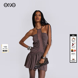 LONDON网纱拼接褶皱挂脖露背连衣裙迷你裙女新品 JADED ENG