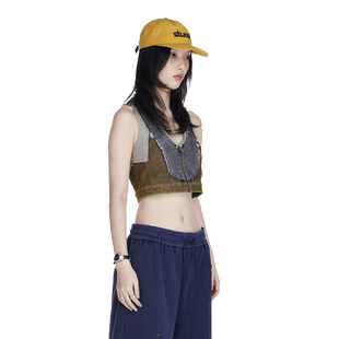 【ENG】Anomalies Department 废土风做旧撞色短款牛仔背心上衣女