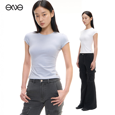 【ENG】2000 ARCHIVES圆领纯色正肩短袖T恤女修身打底短款上衣