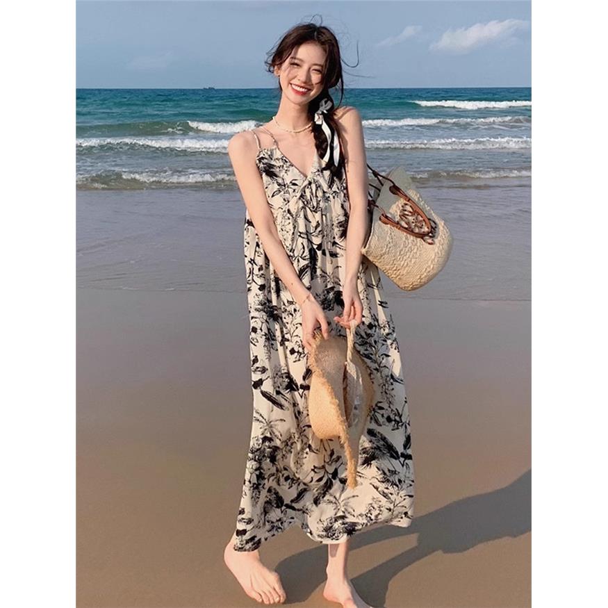 水墨画碎花吊带连衣裙子