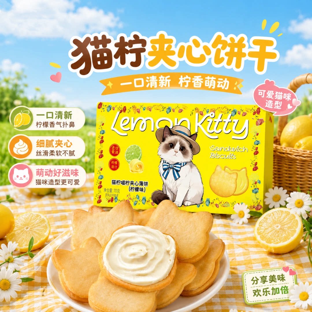 猫柠夹心薄饼饼干零食(