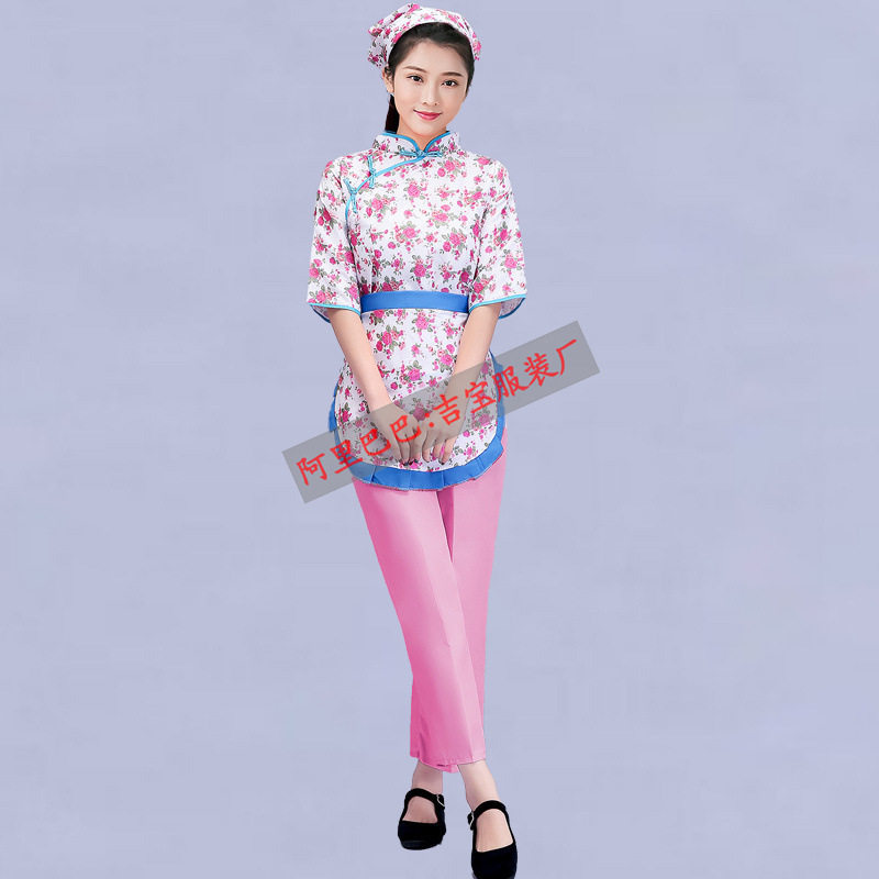 新款村姑碎花网红直播衣服女采茶戏套装农民舞蹈阿庆嫂表演出服装