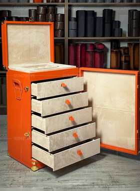 意式轻奢落地首饰柜实木家用别墅现代设计高端橙色皮革手表收纳柜