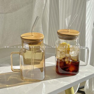 方形带盖子吸管杯玻璃杯 ins风带把马克杯柠檬水杯奶茶杯高硼硅杯