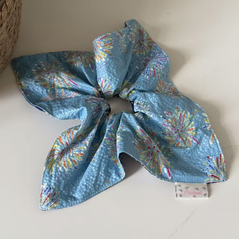 韩系蓝色烟花方巾大肠发圈女感气质超大扎头发头绳小众头饰