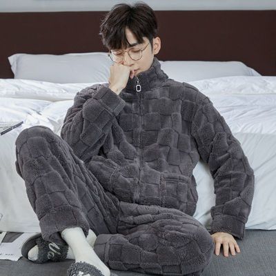 全棉纯棉秋冬季男士珊瑚绒可外穿睡衣拉链加厚加绒法兰绒家居服潮
