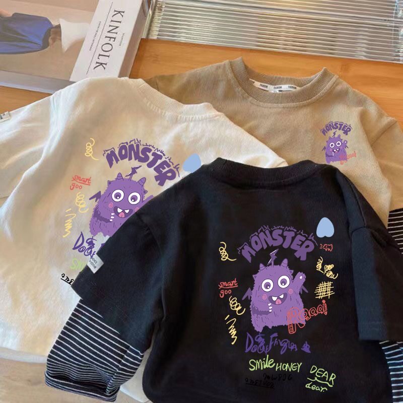 童装假两件纯棉上衣长袖T恤男女童小怪兽卡通印花潮流涂鸦打底衫
