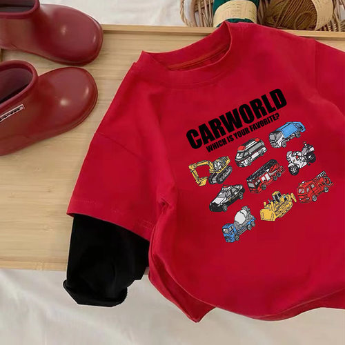 男童纯棉打底衫新年红色长袖T恤男宝汽车衣服宽松韩版假两件上衣