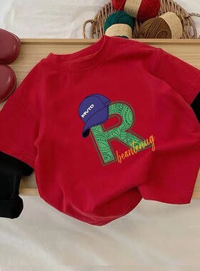 男女童ins潮款红色假两件T恤长袖2025春秋冬打底衫新款宝宝上衣