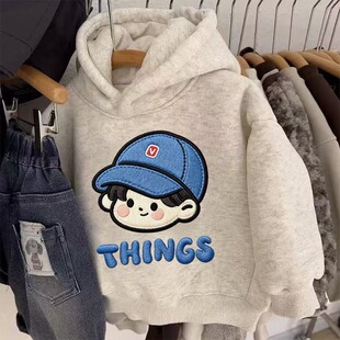 儿童戴帽卫衣羊羔绒加厚加绒保暖上衣男女童装兄妹款卡通洋气外套