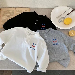 日系简约童装男童长袖T恤带领中小童宝宝秋季衣服立领女童打底衫