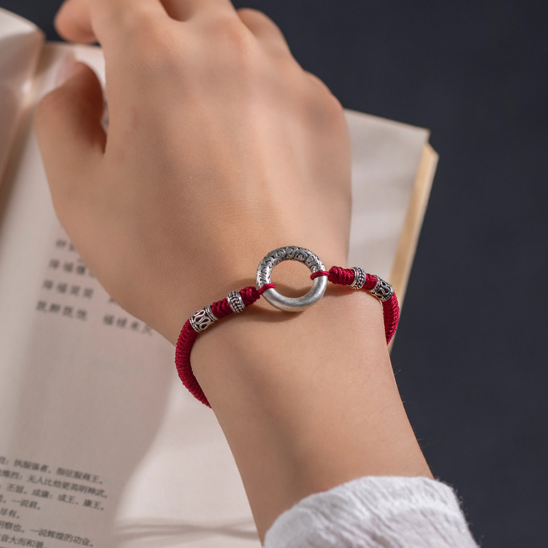 足银999扭转乾坤圈红绳手链男女民族风复古平安扣手绳男女款好运