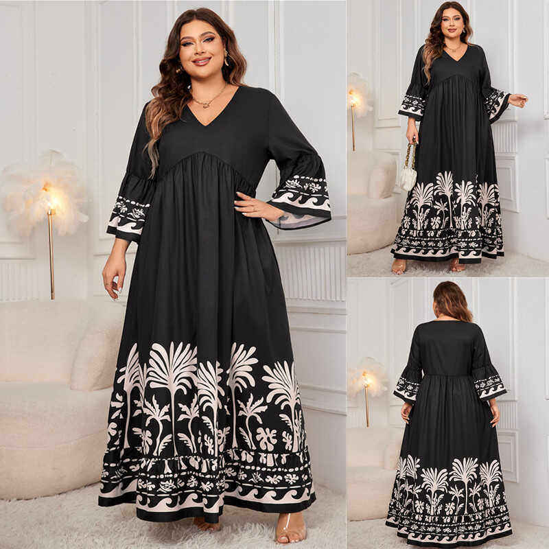 Plus Size Women Floral Dress with Flared Long Sleeves 大码裙