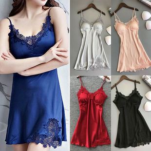Ladies Night Dress Sleepwear Nightgown Lace Silk Lingerie