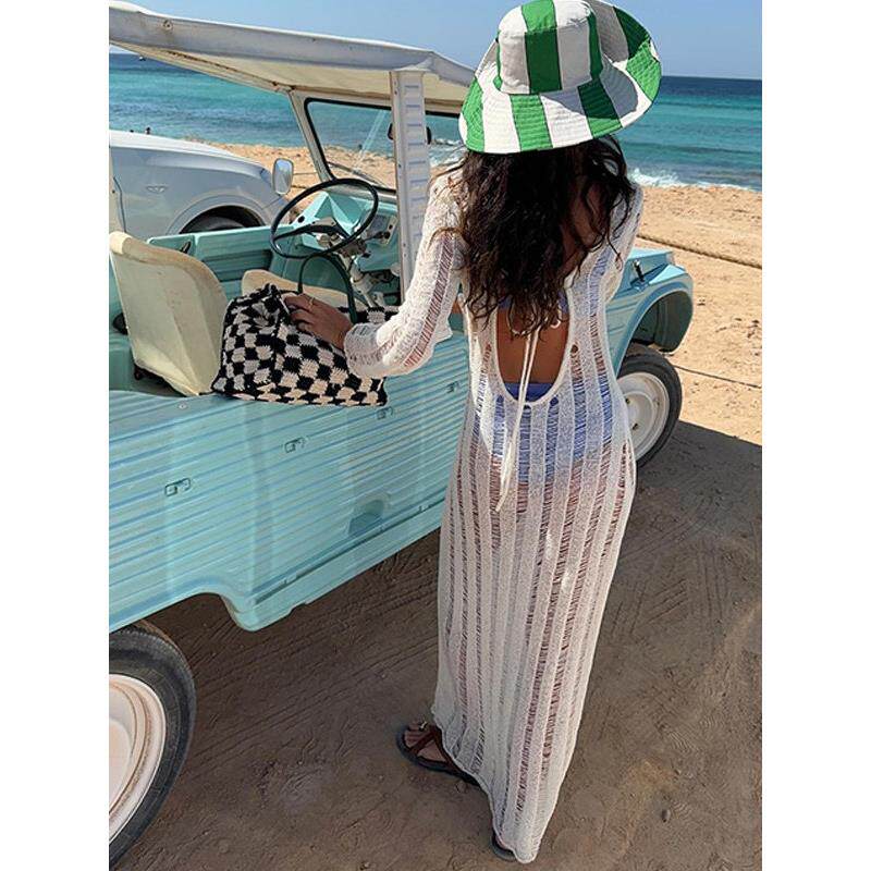 Sexy beach dress欧美跨境性感镂空长袖露背系带度假风针织连衣裙