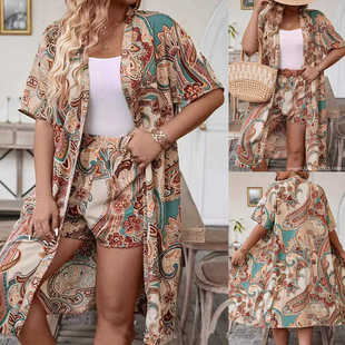 加码夏季时尚印花衬衫短裤女子套装套装